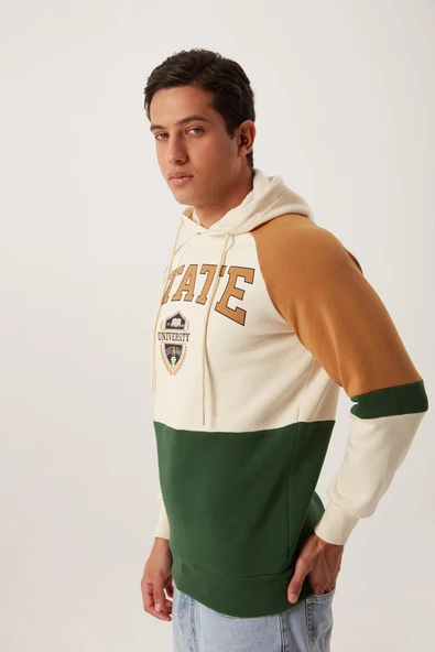 Erkek 3 İplik Pamuklu İçi Polarlı 3 Renkli Oversize Baskılı Kapüşonlu Ekru Sweatshirt - Resim 7