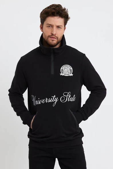 Erkek Relax Fit 3 İplik Rahat Kesim Pamuklu İçi Polarlı Yarım Fermuarlı Dik Yaka Siyah Sweatshirt - 11