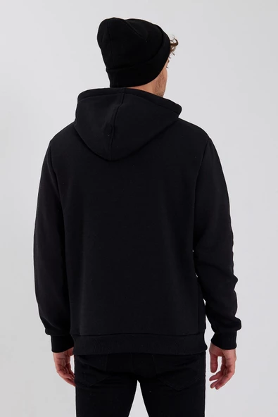 Erkek 3 İplik Pamuklu İçi Polarlı Baskılı Regular Fit Kapüşonlu Kanguru Cepli Siyah Sweatshirt - 8