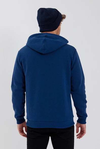 Erkek 3 İplik Pamuklu İçi Polarlı Baskılı Regular Fit Kapüşonlu Kanguru Cepli İndigo Sweatshirt - 8