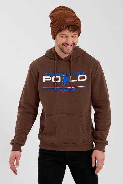 Erkek Kapüşonlu Baskılı 3 İplik Sweatshirt Kahverengi - Resim 10