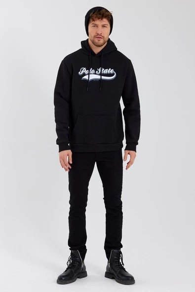 Erkek 3 İplik Pamuklu İçi Polarlı Baskılı Regular Fit Kapüşonlu Kanguru Cepli Siyah Sweatshirt - 10