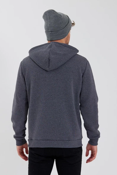 Erkek Kapüşonlu Baskılı 3 İplik Sweatshirt Antrasit - Resim 4