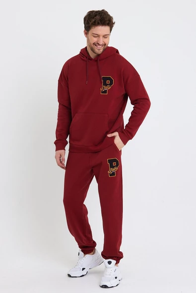 Erkek 3 İplik Pamuklu İçi Polarlı Oversize Nakışlı Kapüşonlu Kanguru Cepli Bordo Sweatshirt - Resim 5