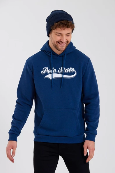 Erkek 3 İplik Pamuklu İçi Polarlı Baskılı Regular Fit Kapüşonlu Kanguru Cepli İndigo Sweatshirt - 3