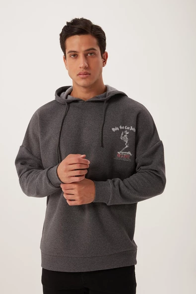 Erkek 3 İplik Pamuklu İçi Polarlı Ön Arka Baskılı Oversize Kapüşonlu Antrasit Sweatshirt - 11