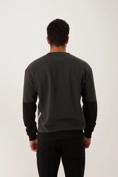 Erkek 3 İplik Pamuklu İçi Polarlı Baskılı 3 renkli Basic Bisiklet Yaka Siyah Sweatshirt - 8