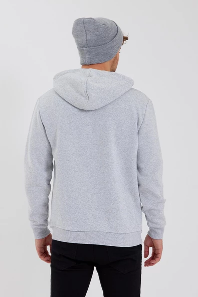 Erkek 3 İplik Pamuklu İçi Polarlı Baskılı Regular Fit Kapüşonlu Kanguru Cepli Gri Sweatshirt - 12