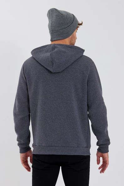 Erkek 3 İplik Pamuklu İçi Polarlı Baskılı Regular Fit Kapüşonlu Kanguru Cepli Antrasit Sweatshirt - Resim 12