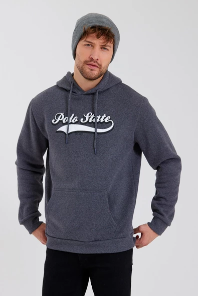 Erkek 3 İplik Pamuklu İçi Polarlı Baskılı Regular Fit Kapüşonlu Kanguru Cepli Antrasit Sweatshirt - Resim 7