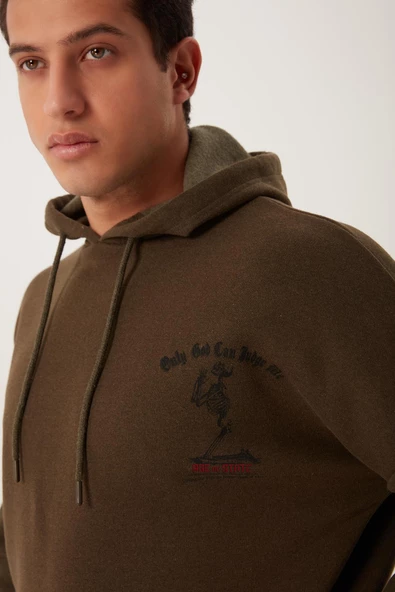 Erkek 3 İplik Pamuklu İçi Polarlı Ön Arka Baskılı Oversize Kapüşonlu Haki Sweatshirt - Resim 6