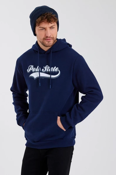 Erkek 3 İplik Pamuklu İçi Polarlı Baskılı Regular Fit Kapüşonlu Kanguru Cepli Lacivert Sweatshirt - 11