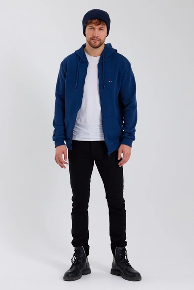 Erkek Fermuarlı Kanguru Cep 3 İplik Sweatshirt İndigo - Resim 12