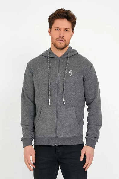 Erkek 3 İplik Pamuklu Regular Fit Nakışlı Fermuarlı Kapüşonlu Cepli Antrasit Sweatshirt - 4