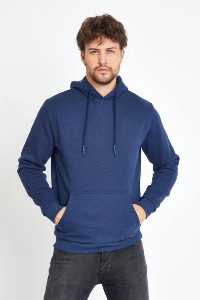 Erkek Kapüşonlu Kanguru Cep 3 İplik Sweatshirt İndigo - Resim 2
