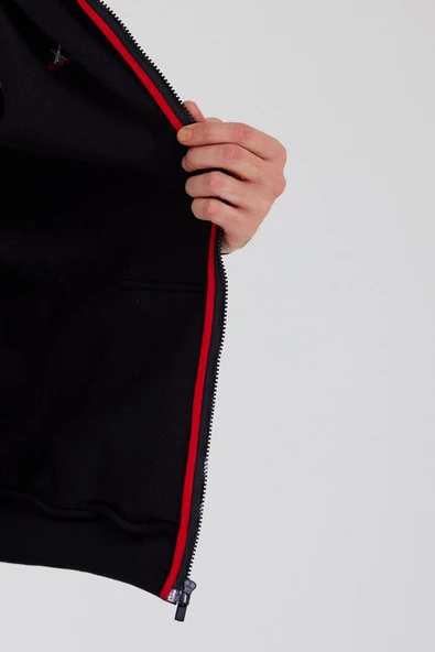 Erkek Fermuarlı Kanguru Cep 3 İplik Sweatshirt Siyah - 3