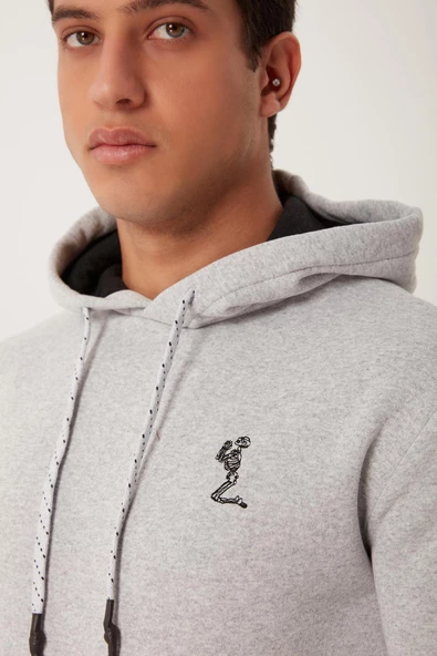 Erkek İskelet Nakışlı 3 İplik Kapüşonlu Sweatshirt Gri - 2