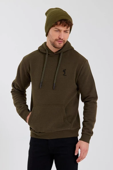 Erkek İskelet Nakışlı 3 İplik Kapüşonlu Sweatshirt Haki - 11