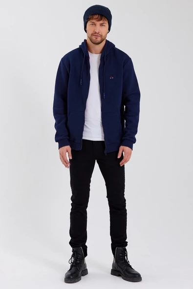 Erkek Fermuarlı Kanguru Cep 3 İplik Sweatshirt Lacivert - 2