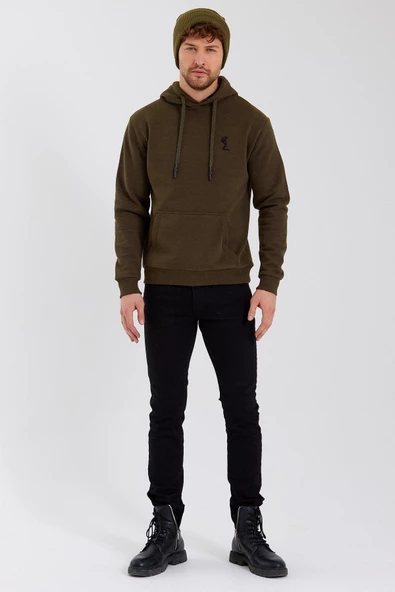 Erkek İskelet Nakışlı 3 İplik Kapüşonlu Sweatshirt Haki - 9