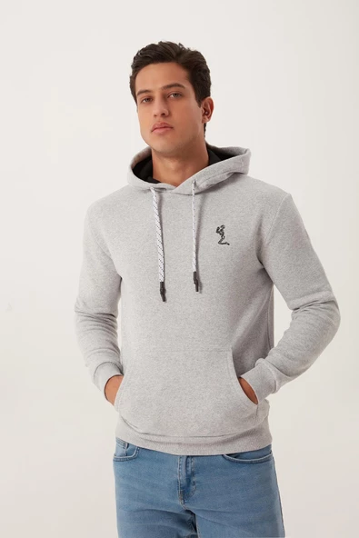 Erkek İskelet Nakışlı 3 İplik Kapüşonlu Sweatshirt Gri - 5