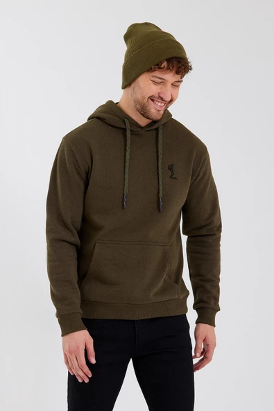 Erkek İskelet Nakışlı 3 İplik Kapüşonlu Sweatshirt Haki - 2