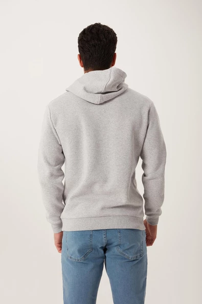 Erkek Kapüşonlu Kanguru Cep 3 İplik Sweatshirt  Gri Melanj - Resim 8