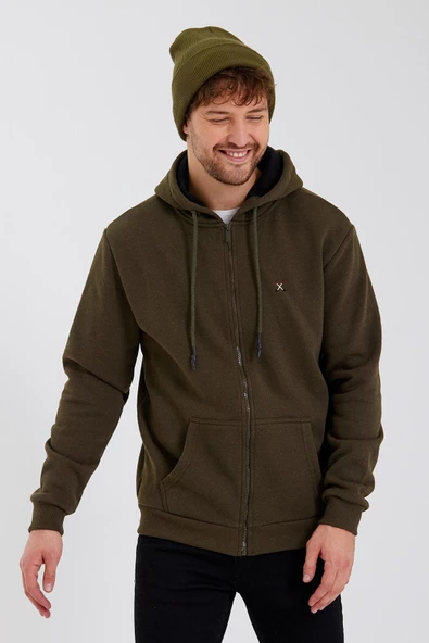 Erkek Fermuarlı Kanguru Cep 3 İplik Sweatshirt  Haki - Resim 9