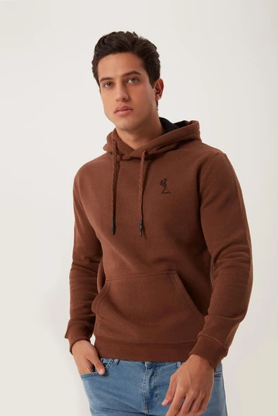 Erkek İskelet Nakışlı 3 İplik Kapüşonlu Sweatshirt Kahverengi