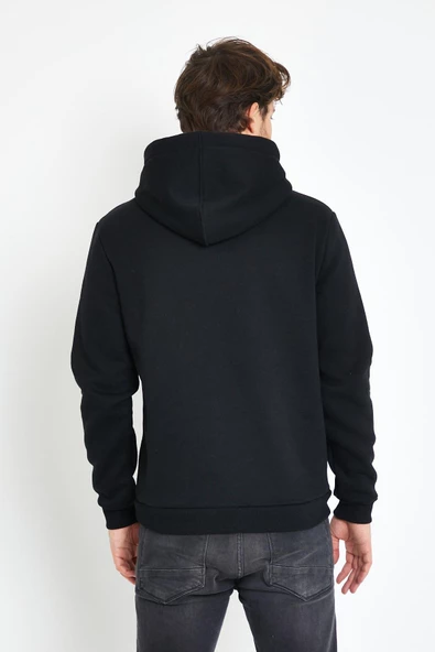 Erkek 3 İplik Pamuklu İçi Polarlı Regular Fit Nakışlı Kapüşonlu Kanguru Cepli Siyah Sweatshirt - Resim 8