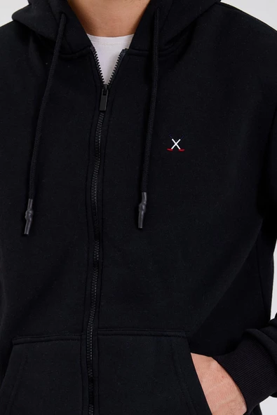 Erkek Fermuarlı Kanguru Cep 3 İplik Sweatshirt Siyah - 9