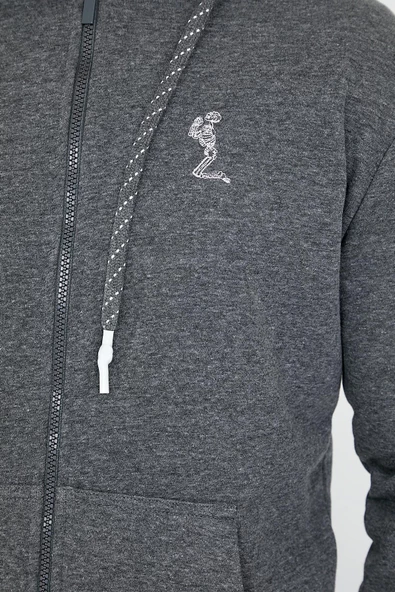 Erkek 3 İplik Pamuklu Regular Fit Nakışlı Fermuarlı Kapüşonlu Cepli Antrasit Sweatshirt - 12