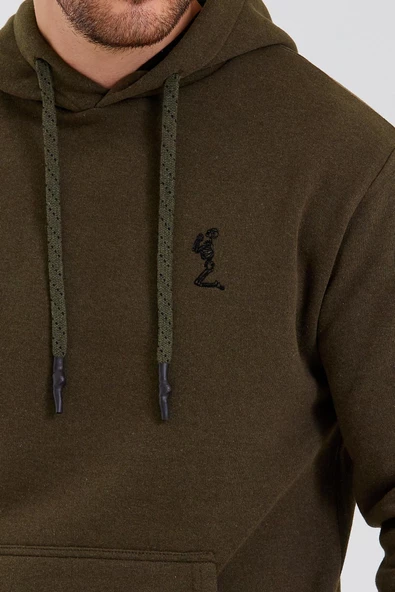 Erkek İskelet Nakışlı 3 İplik Kapüşonlu Sweatshirt Haki - 3