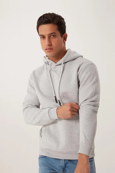 Erkek Kapüşonlu Kanguru Cep 3 İplik Sweatshirt  Gri Melanj - Resim 5