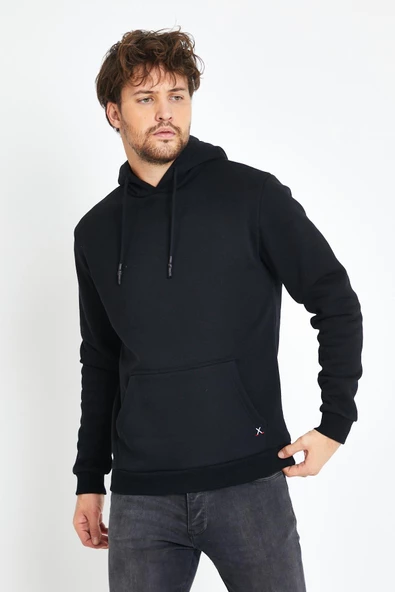 Erkek Kapüşonlu Kanguru Cep 3 İplik Sweatshirt Siyah - Resim 11