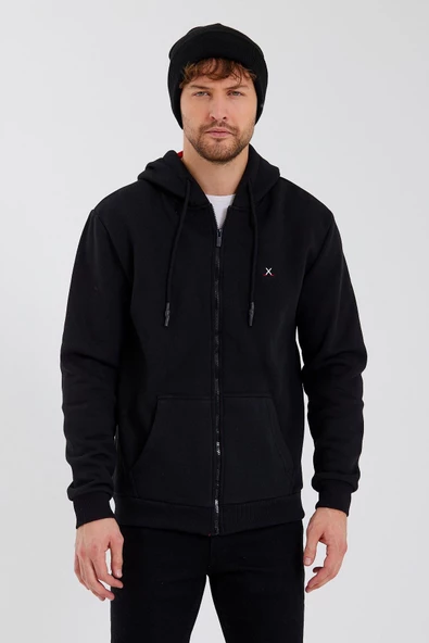 Erkek Fermuarlı Kanguru Cep 3 İplik Sweatshirt Siyah - 11