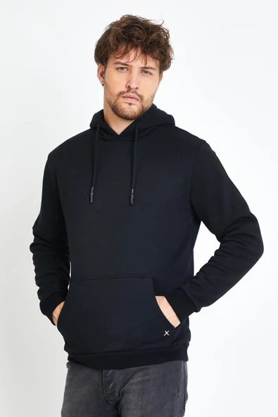 Erkek Kapüşonlu Kanguru Cep 3 İplik Sweatshirt Siyah - Resim 12