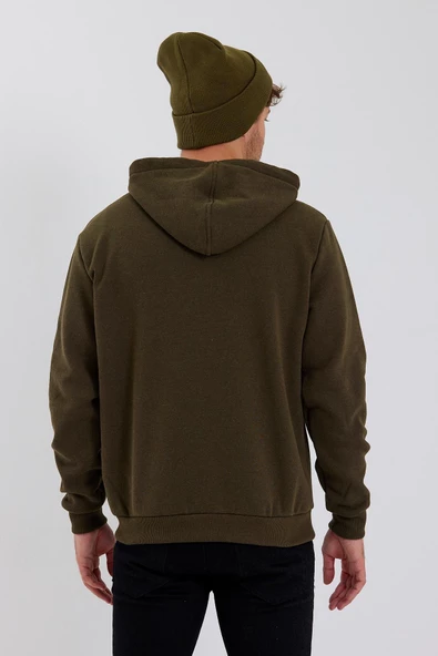 Erkek Fermuarlı Kanguru Cep 3 İplik Sweatshirt  Haki - Resim 5
