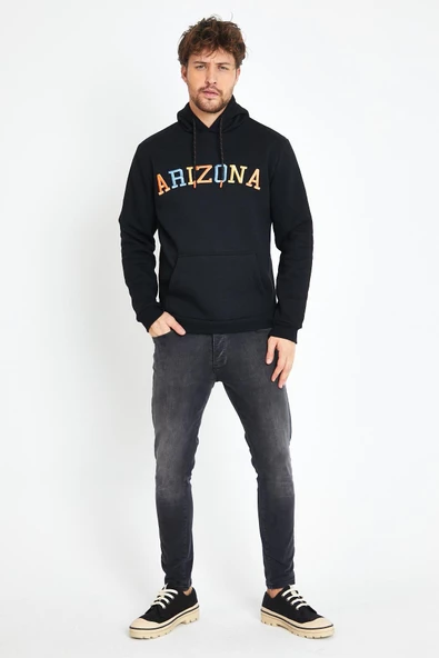 Erkek 3 İplik Pamuklu İçi Polarlı Regular Fit Nakışlı Kapüşonlu Kanguru Cepli Siyah Sweatshirt - Resim 2