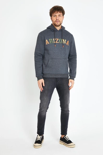 Erkek 3 İplik Pamuklu İçi Polarlı Regular Fit Nakışlı Kapüşonlu Kanguru Cepli Antrasit Sweatshirt - Resim 10