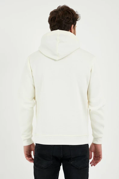 Erkek 3 İplik Pamuklu İçi Polarlı Regular Fit Nakışlı Kapüşonlu Kanguru Cepli Ekru Sweatshirt - Resim 5