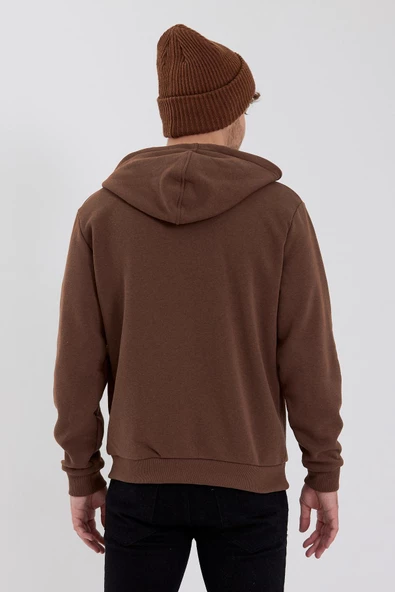 Erkek Fermuarlı Kanguru Cep 3 İplik Sweatshirt  Kahverengi - Resim 12