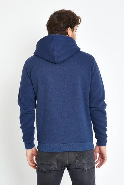 Erkek Kapüşonlu Kanguru Cep 3 İplik Sweatshirt İndigo - Resim 12