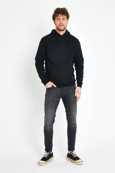 Erkek Kapüşonlu Kanguru Cep 3 İplik Sweatshirt Siyah - Resim 4