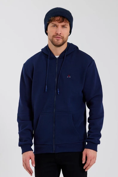 Erkek Fermuarlı Kanguru Cep 3 İplik Sweatshirt Lacivert - 11