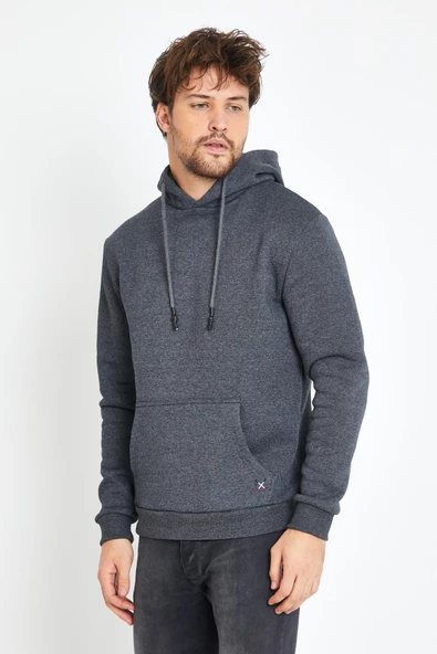 Erkek Kapüşonlu Kanguru Cep 3 İplik Sweatshirt Antrasit - Resim 8