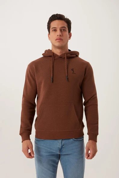 Erkek İskelet Nakışlı 3 İplik Kapüşonlu Sweatshirt Kahverengi - 6
