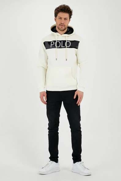 Erkek 3 İplik Pamuklu İçi Polarlı Regular Fit Nakışlı Kapüşonlu Kanguru Cepli Ekru Sweatshirt - Resim 3