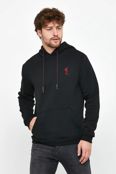 Erkek İskelet Nakışlı 3 İplik Kapüşonlu Sweatshirt Siyah