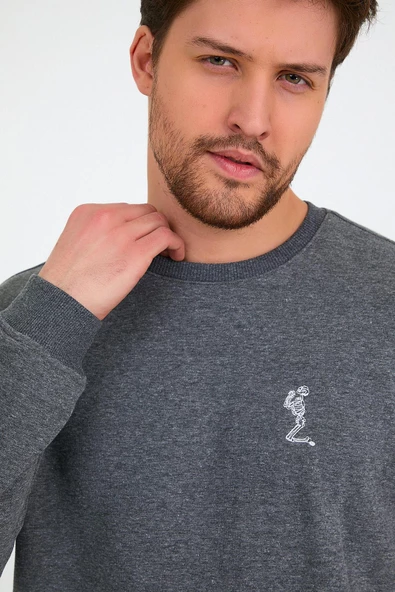 Erkek 3 İplik Pamuklu Regular Fit Nakışlı Bisiklet Yaka Basic Sweatshirt - 3
